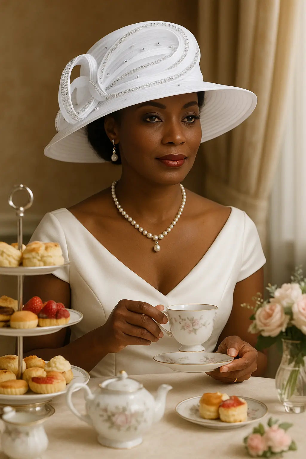 Stylish woman wearing a white rhinestone-trimmed hat in a luxurious high tea setting, styled with a pearl necklace and off-shoulder dress.