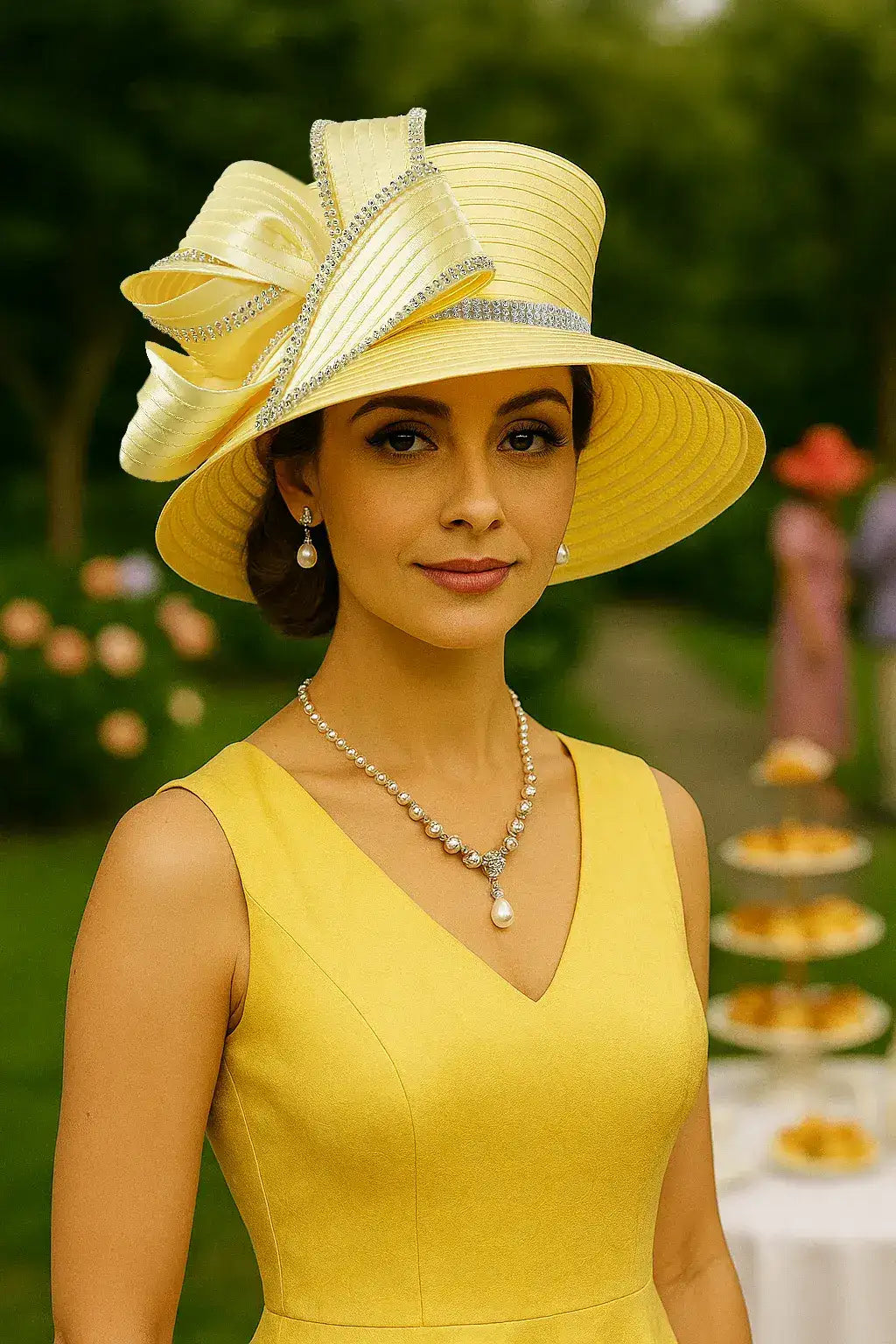 Yellow derby hat with rhinestones and pearls – church fashion inspiration for women