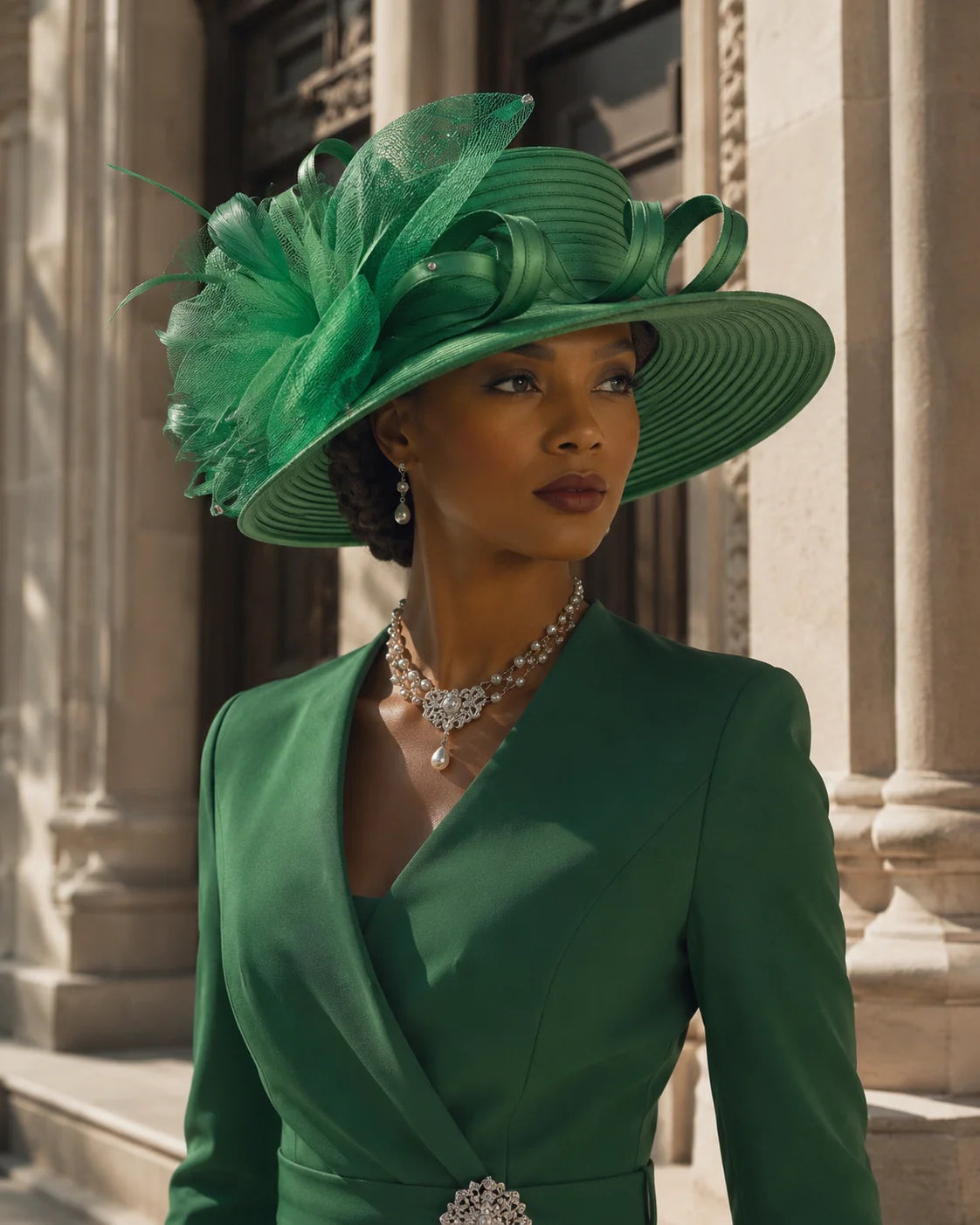 Elegant woman wearing emerald green church hat with mesh flower accents and wide brim, sophisticated formal hat for Sunday church and special occasions