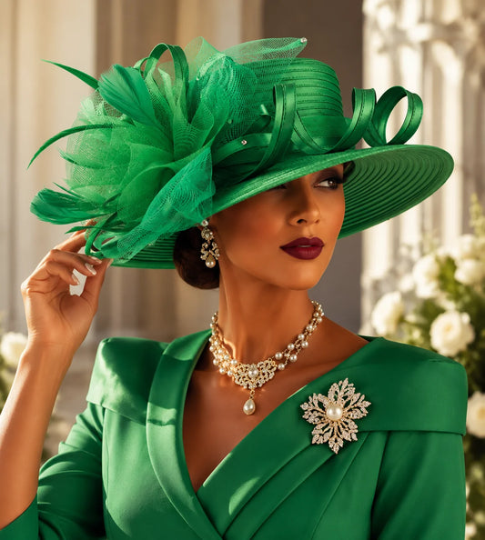 Luxury emerald green church hat worn by fashion model with elegant feather and mesh details, stylish women’s hat for weddings and church events