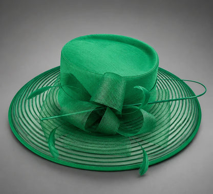 Emerald green church hat with slub fabric crown and sheer mesh brim for church convention