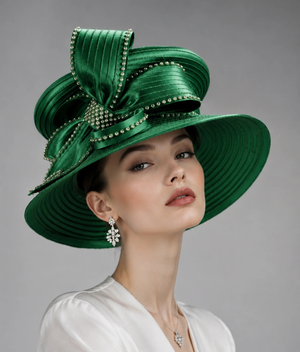 Emerald green church hat with wide brim and rhinestone bow for formal church event