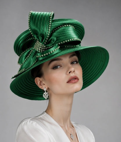 Emerald green church hat with wide brim and rhinestone bow for formal church event