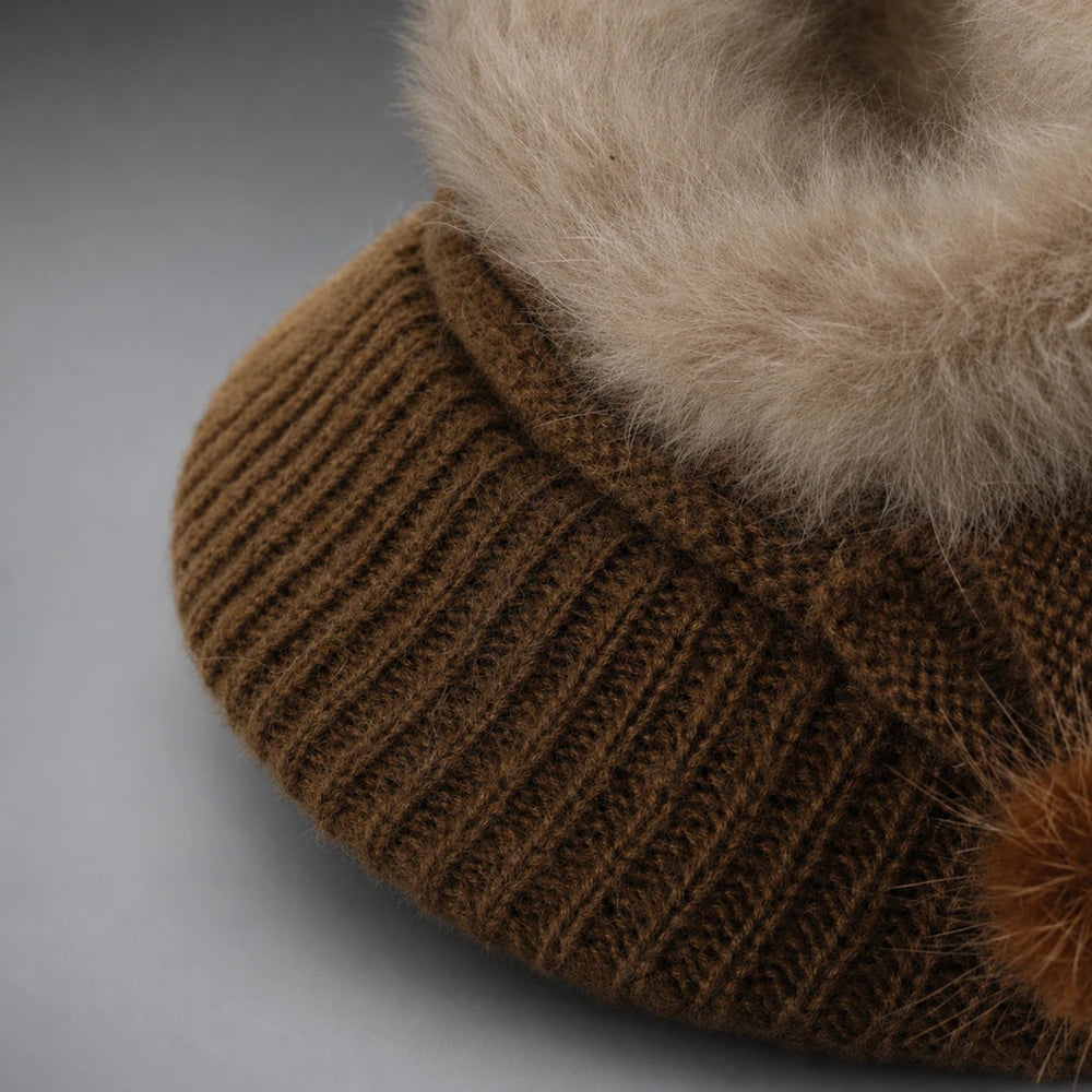 Close-up of flexible knit-covered visor and angora-blend texture
