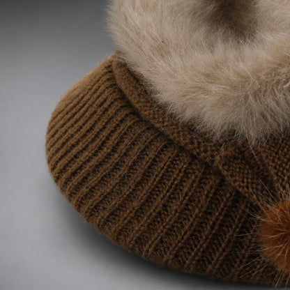 Close-up of flexible knit-covered visor and angora-blend texture