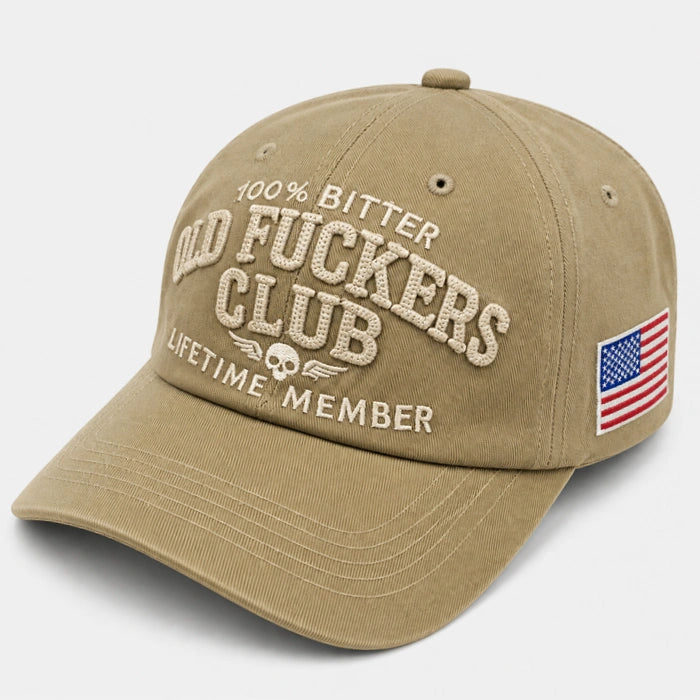 FORBUSITE khaki vintage washed baseball cap featuring '100% Bitter Old Fuckers Club' 3D embroidery and skull logo, perfect as a funny sarcastic gift for dad or grandpa.