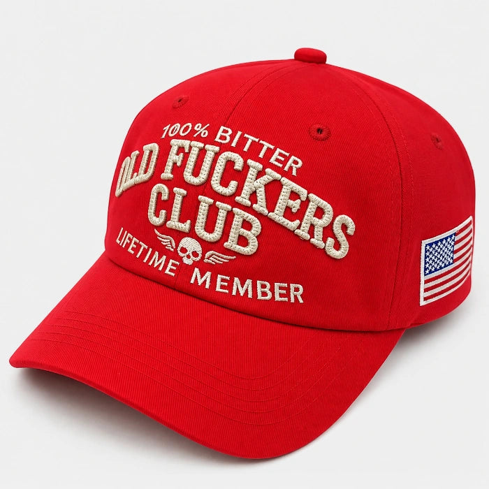 FORBUSITE bright red vintage washed baseball cap featuring '100% Bitter Old Fuckers Club' 3D embroidery and skull logo, a bold and funny sarcastic hat for men.