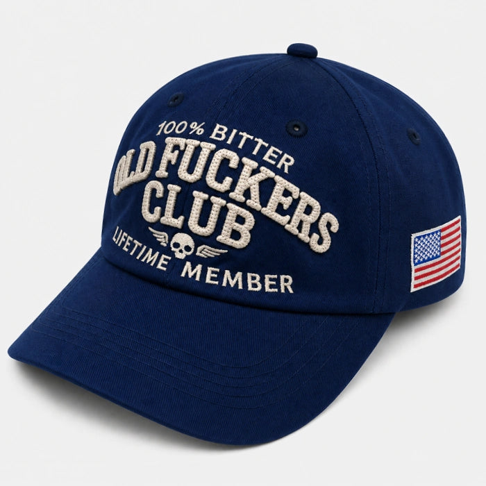 FORBUSITE navy blue vintage washed baseball cap featuring '100% Bitter Old Fuckers Club' 3D embroidery and skull logo, a sarcastic and funny dad hat for men.