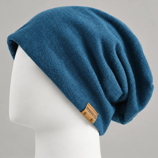 Blue knit slouchy beanie with leather side detail and relaxed draped fit