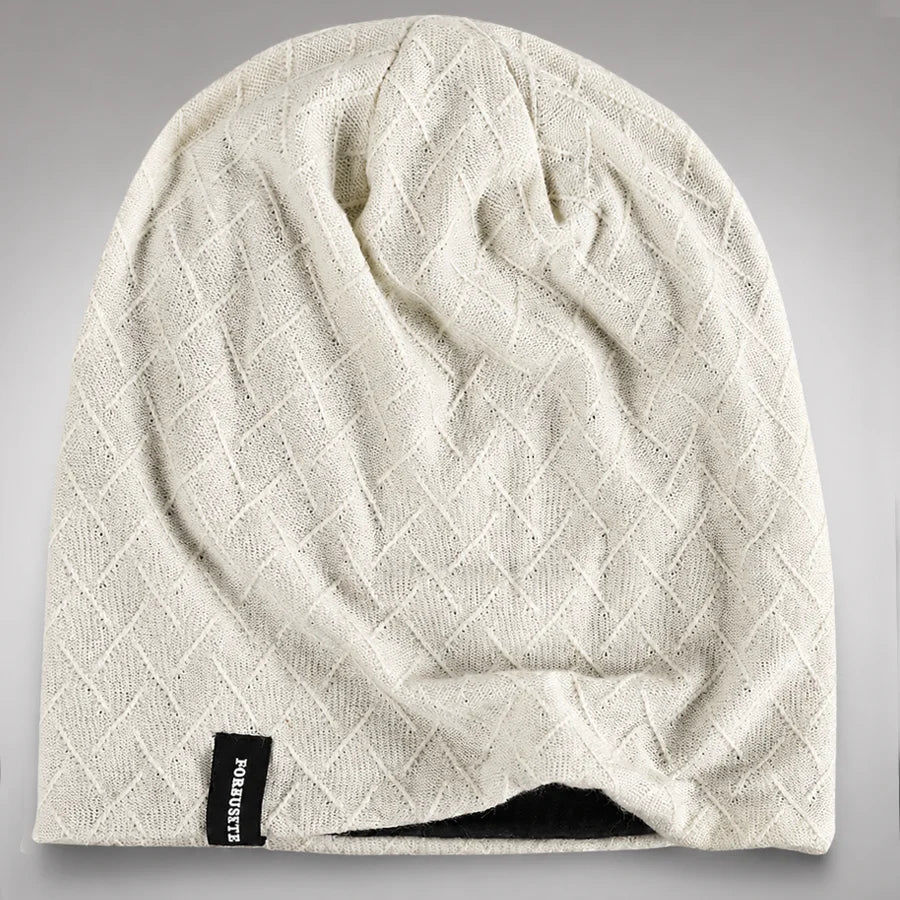 Beige FORBUSITE unisex slouchy beanie flat lay with geometric texture