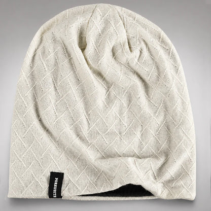 Beige FORBUSITE unisex slouchy beanie flat lay with geometric texture