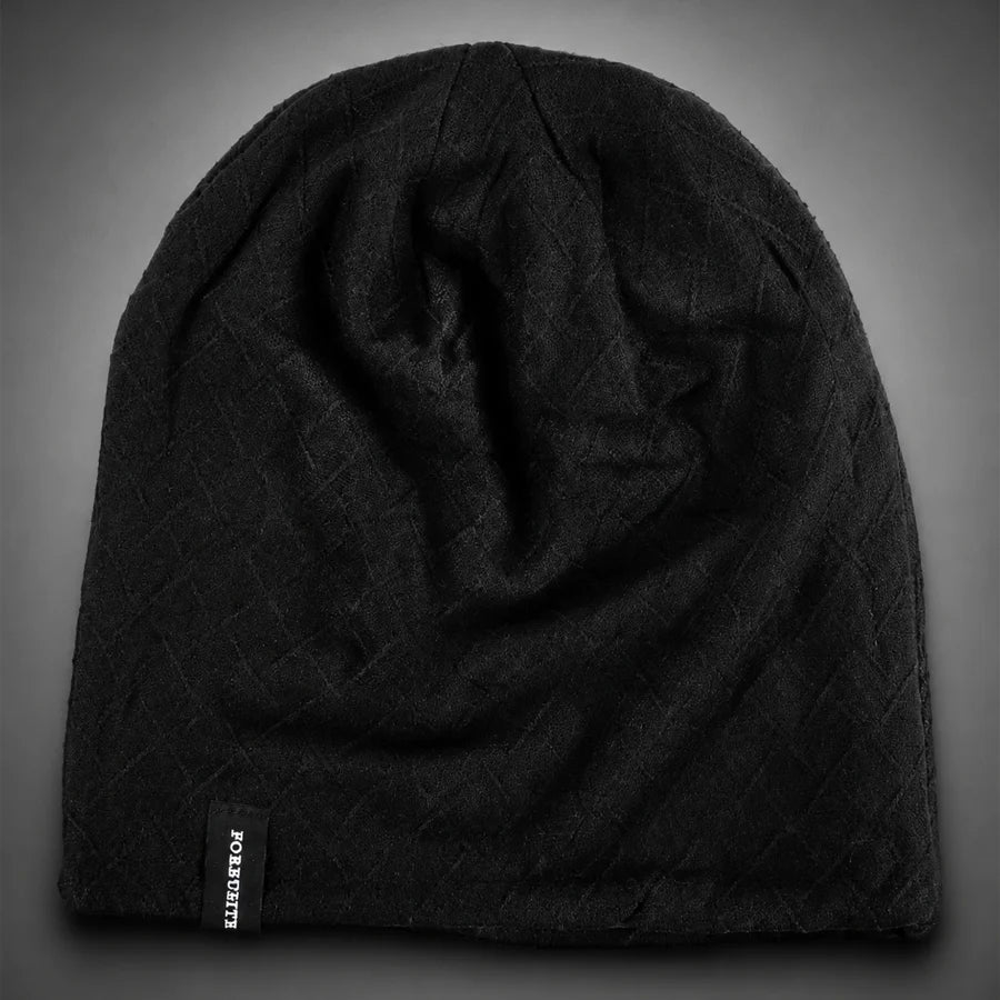 Black FORBUSITE unisex slouchy beanie flat lay with subtle geometric texture