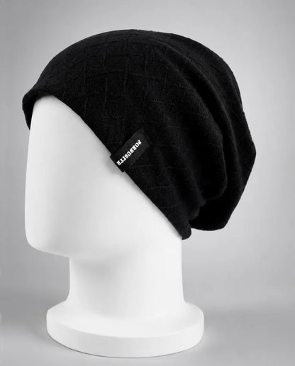Black FORBUSITE slouchy beanie with subtle geometric texture side view