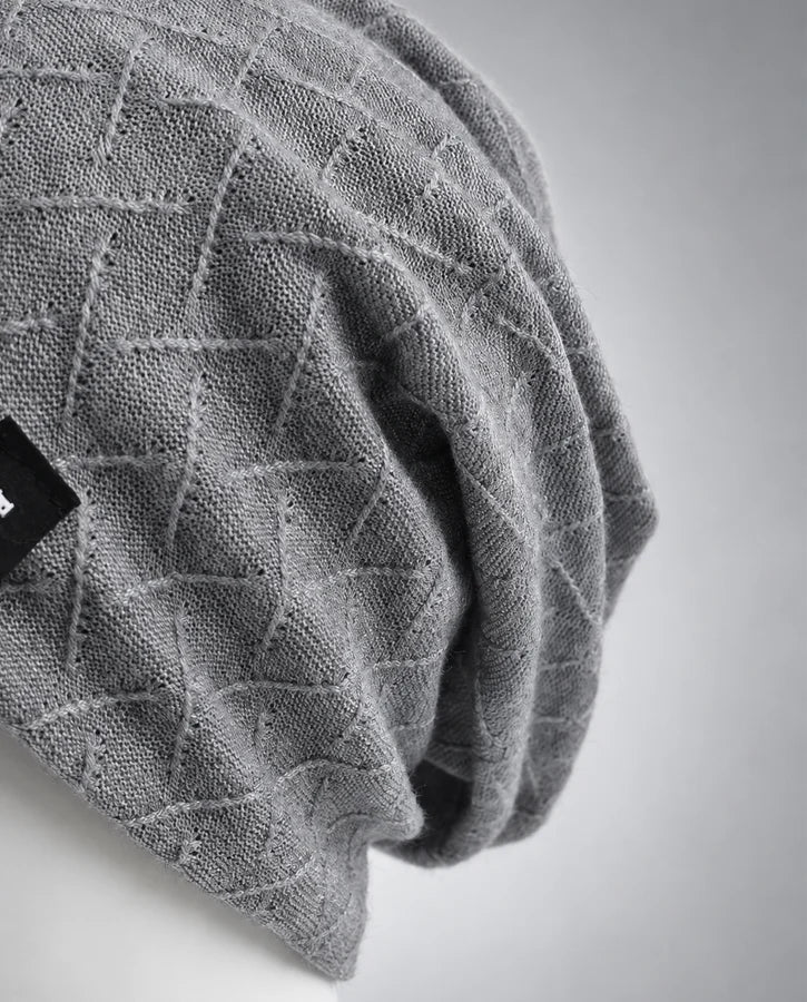 Close-up of gray FORBUSITE slouchy beanie geometric textured knit