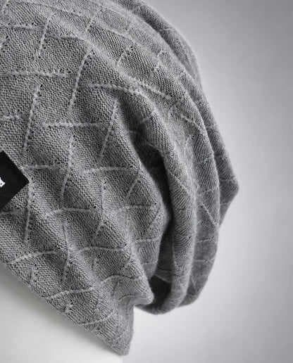 Close-up of gray FORBUSITE slouchy beanie geometric textured knit