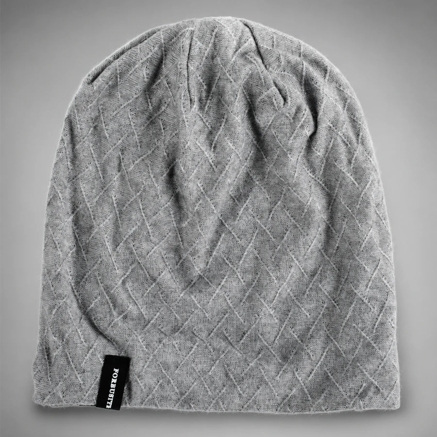 Gray FORBUSITE unisex slouchy beanie flat lay with geometric texture