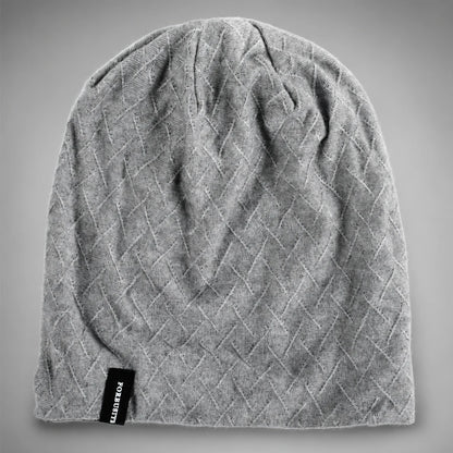 Gray FORBUSITE unisex slouchy beanie flat lay with geometric texture