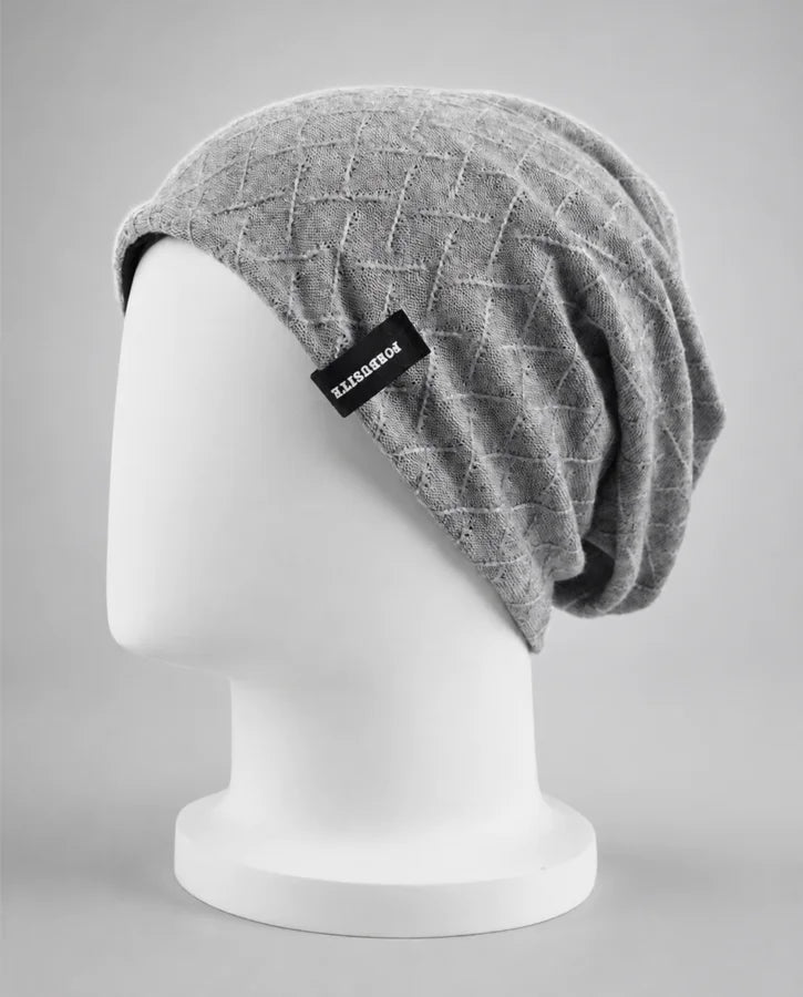 Gray FORBUSITE slouchy beanie with geometric textured knit side view