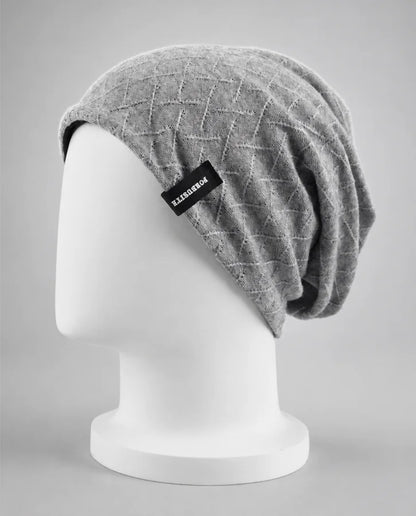 Gray FORBUSITE slouchy beanie with geometric textured knit side view