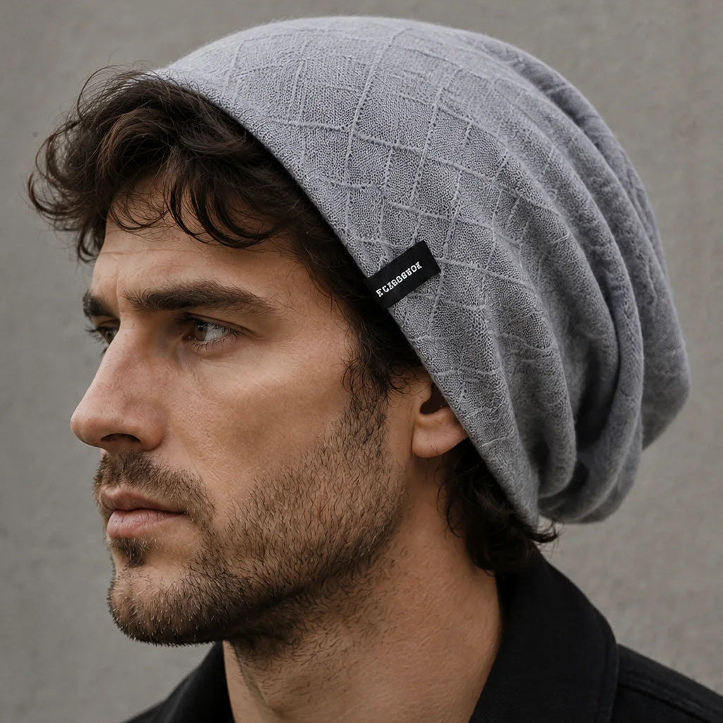 FORBUSITE gray unisex all-season slouchy beanie with geometric texture on male model