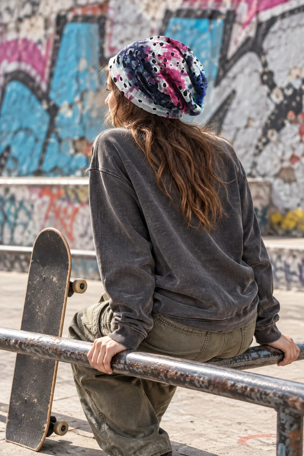 Woman wearing a blue and pink tie-dye B077 beanie in an urban scene, photographed from behind to show its slouch.