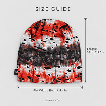 B077 tie-dye slouchy beanie size guide showing 32 cm length and 29 cm flat width.