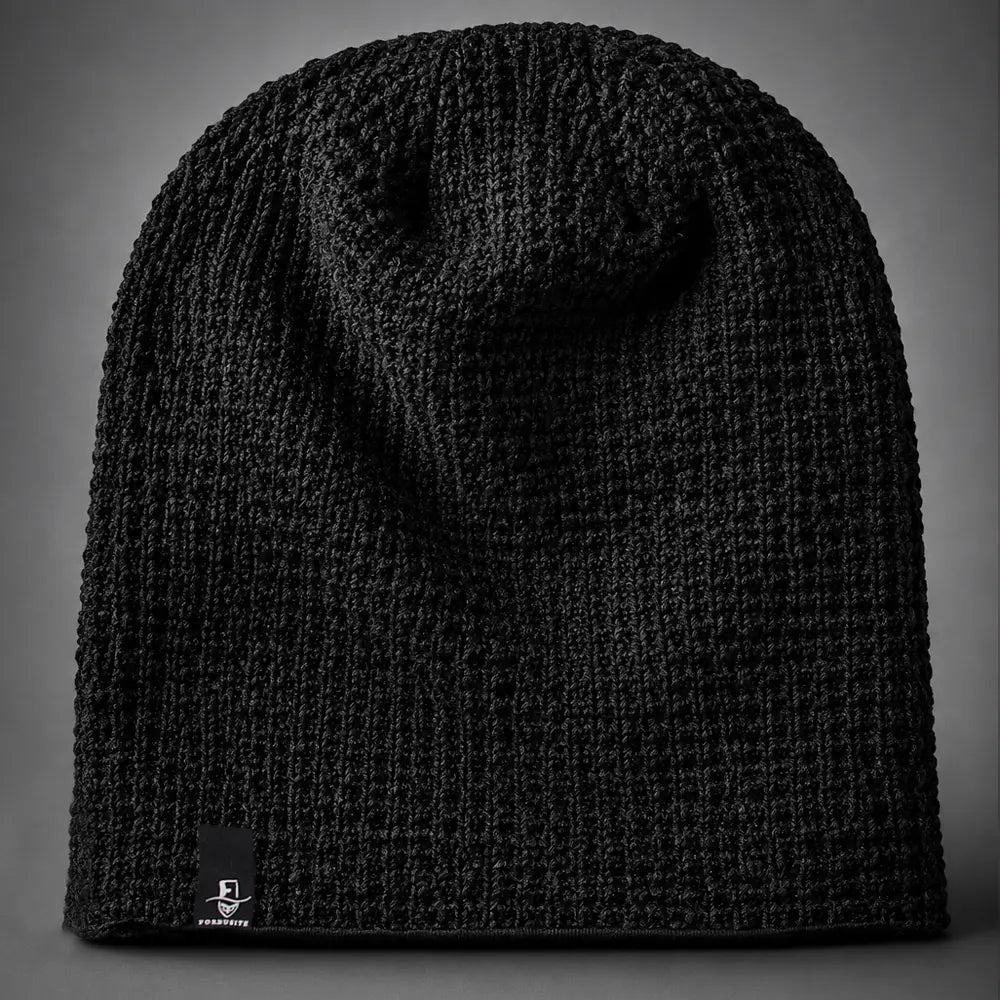 Dark gray slouch beanie hat for men and women with relaxed oversized shape and soft knit texture