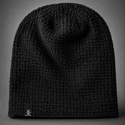 Dark gray slouch beanie hat for men and women with relaxed oversized shape and soft knit texture