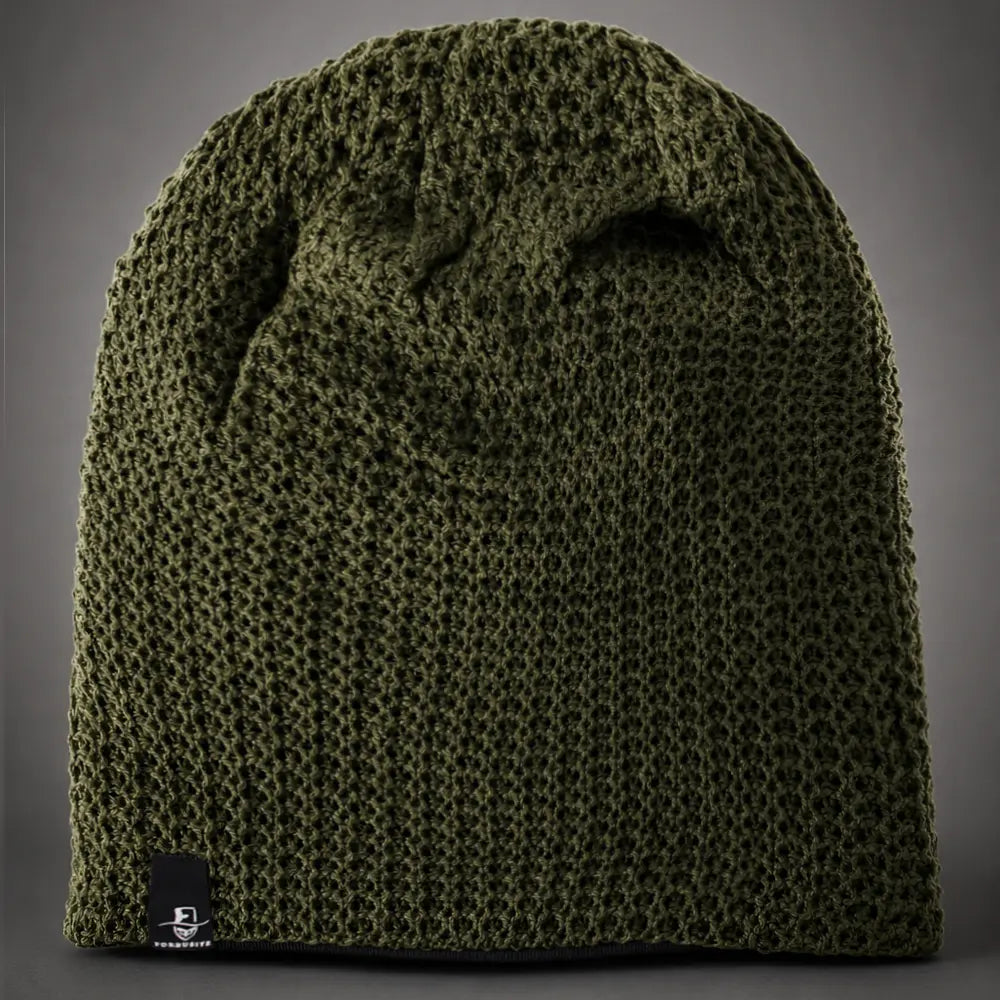 Green long oversized knit beanie hat with casual slouch fit, unisex style for fall and winter outfits