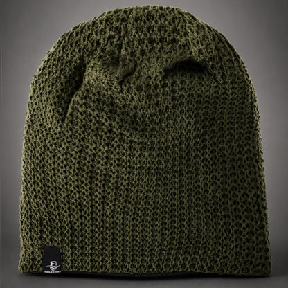Green long oversized knit beanie hat with casual slouch fit, unisex style for fall and winter outfits