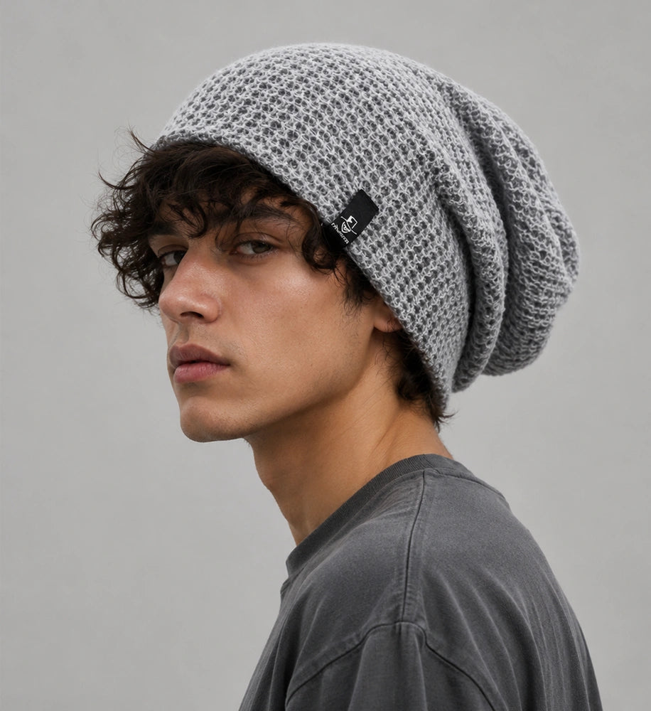 Light gray FORBUSITE slouchy beanie hat for men with long oversized back drape and breathable knit texture