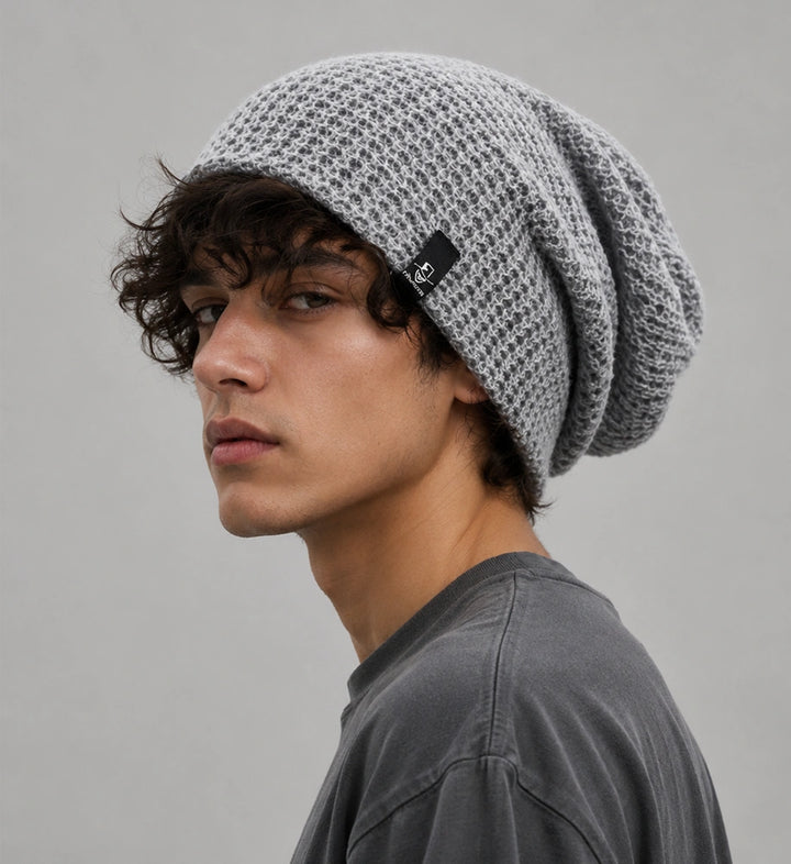 Light gray FORBUSITE slouchy beanie hat for men with long oversized back drape and breathable knit texture