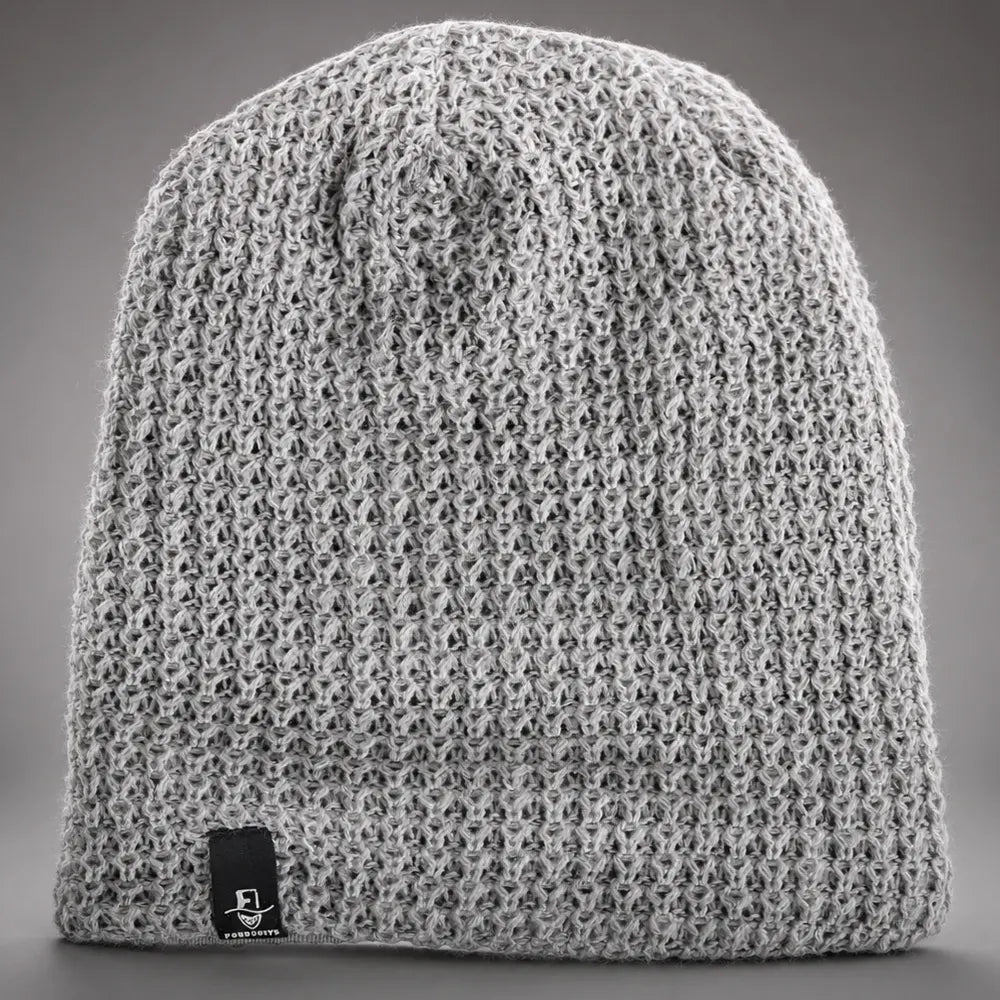 Light gray unisex slouchy beanie hat with breathable knit texture and relaxed long back drape