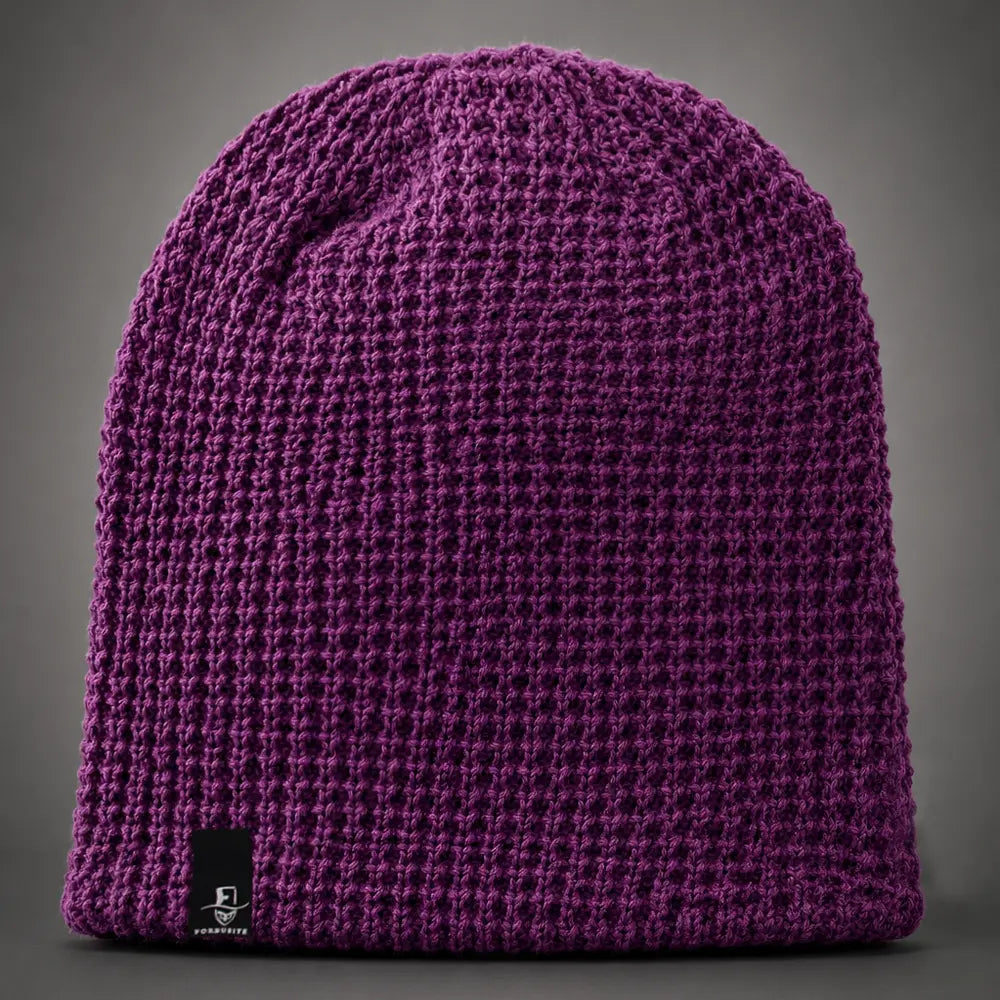 Purple oversize slouchy knit beanie with loose back drape, comfortable unisex beanie for streetwear