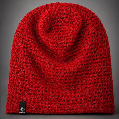 Red long knit slouchy beanie cap with soft open texture, stylish for women and men all year