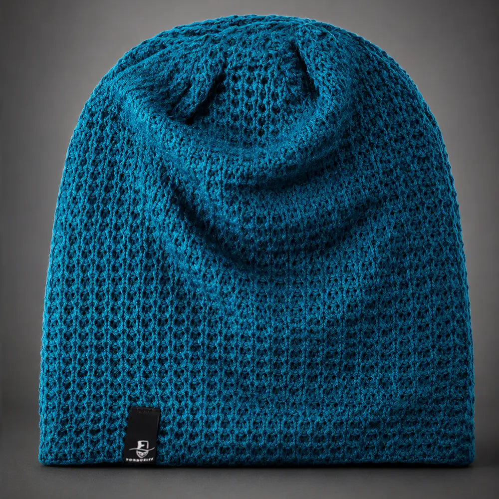 Teal slouchy knit beanie hat with long oversized fit, easy unisex style for casual outfits