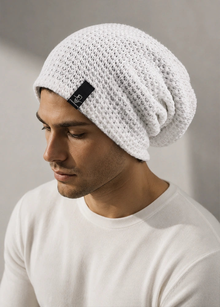 White lightweight slouchy beanie for men with breathable knit texture, relaxed oversized fit and clean everyday style