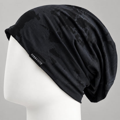 Black lightweight slouchy beanie with subtle tonal pattern and soft drape