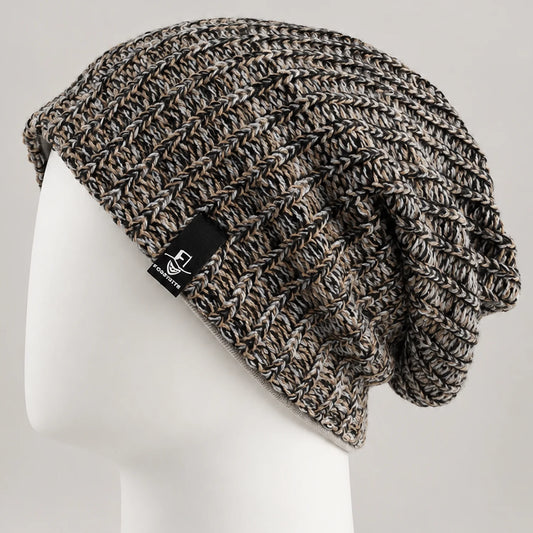 Multicolor knit slouchy beanie with chunky textured pattern and relaxed draped fit
