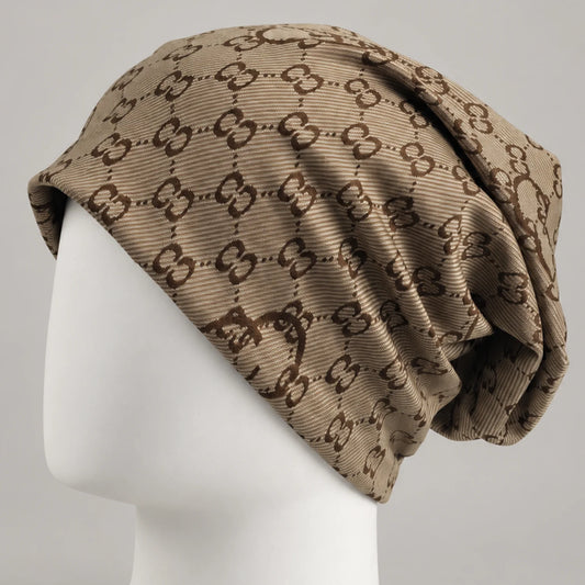 Brown patterned slouchy beanie with soft lightweight fabric and relaxed fit