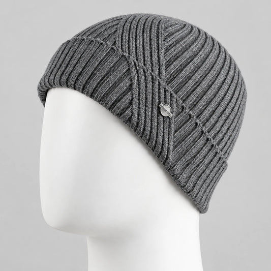 Side view of the gray B120 beanie on a white mannequin, showing its close-fitting crown and folded cuff.