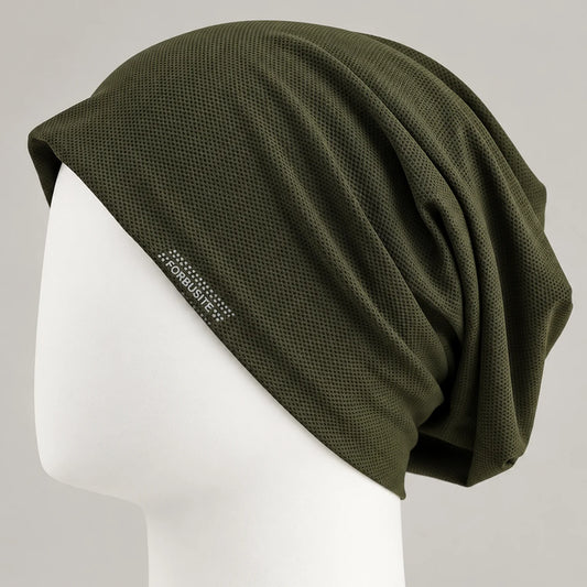 Olive mesh slouchy beanie with lightweight breathable fabric and relaxed fit