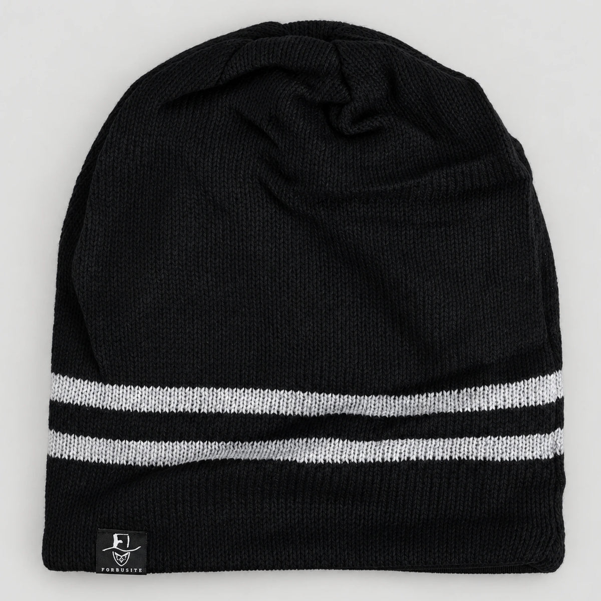 Black B318 beanie laid flat with two white stripes near the opening.