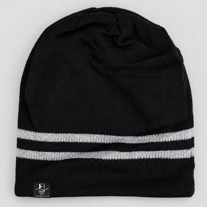 Black B318 beanie laid flat with two white stripes near the opening.