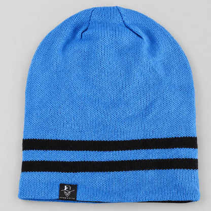Bright blue B318 beanie laid flat with two black stripes near the opening.
