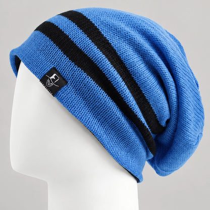 Bright blue slouchy beanie with two black stripes on a white mannequin, side view.