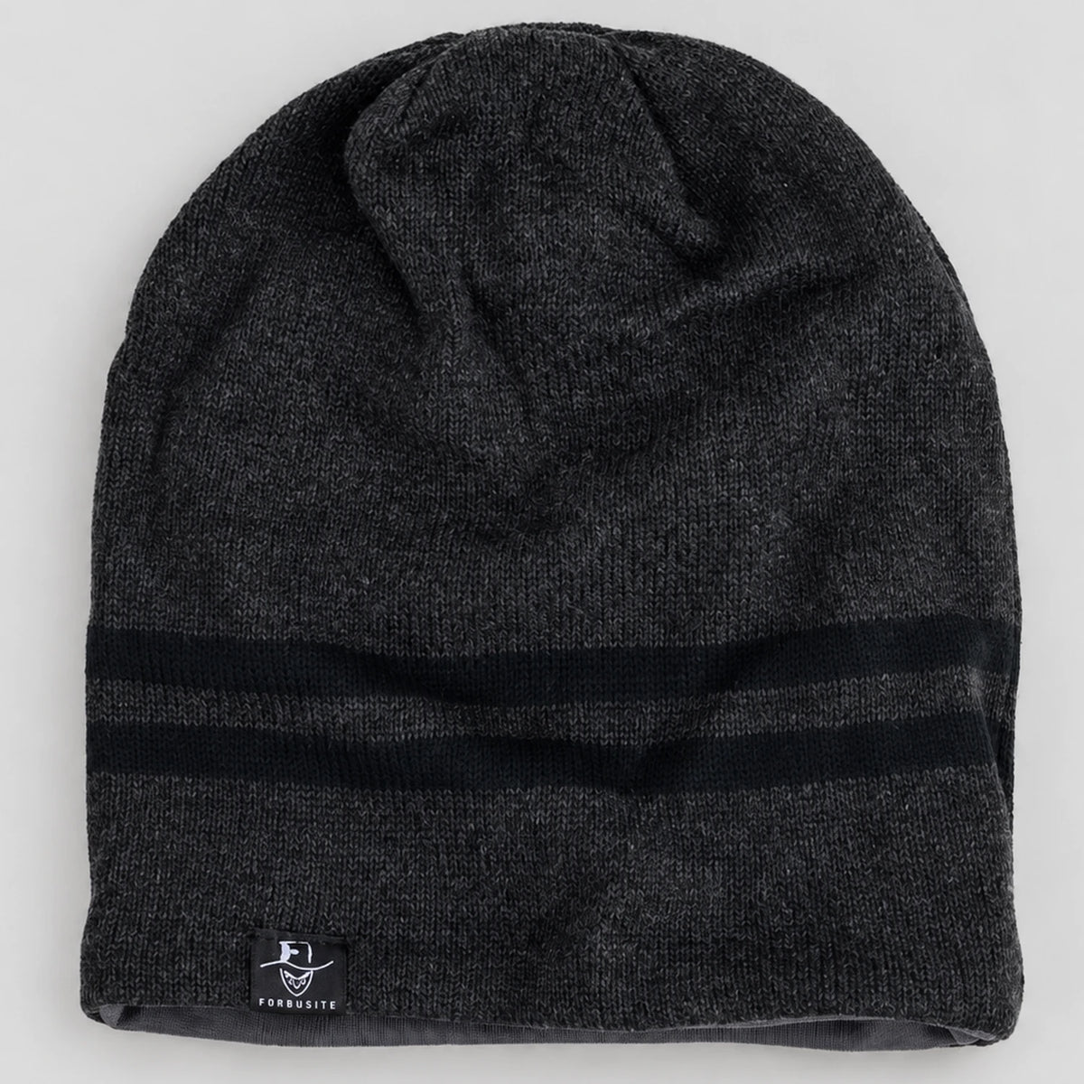 Charcoal gray B318 beanie laid flat with two darker stripes near the opening.