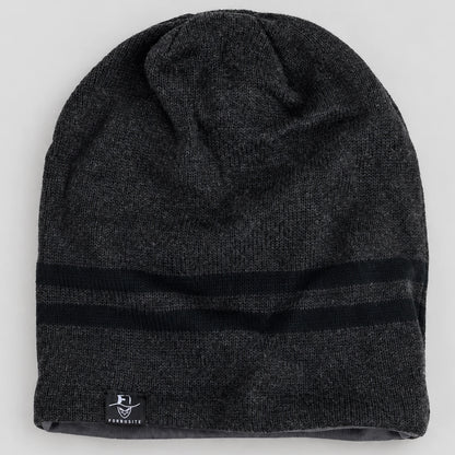 Charcoal gray B318 beanie laid flat with two darker stripes near the opening.