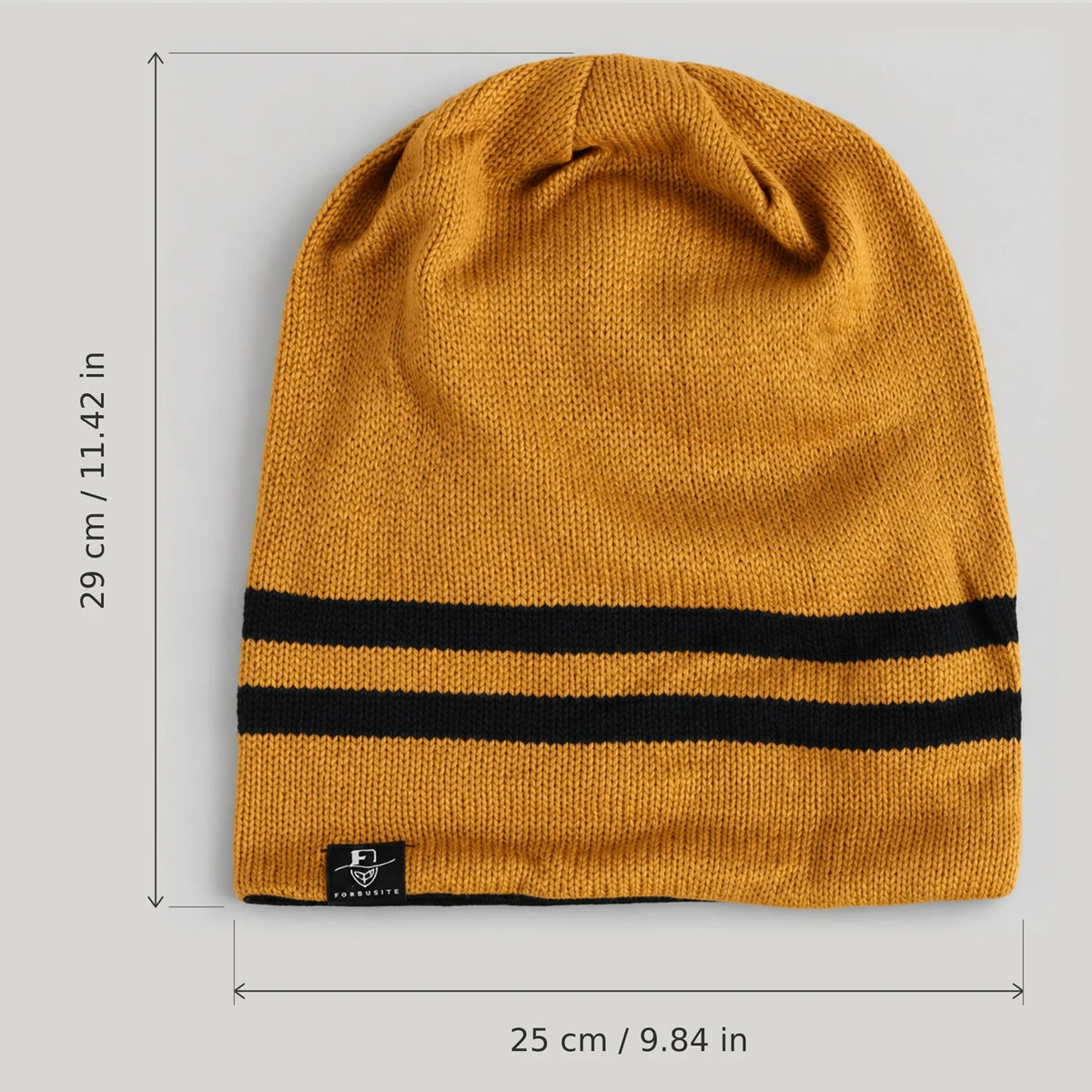 Golden yellow striped B318 beanie with arrows marking 29 cm height and 25 cm width.