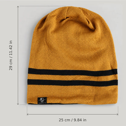 Golden yellow striped B318 beanie with arrows marking 29 cm height and 25 cm width.